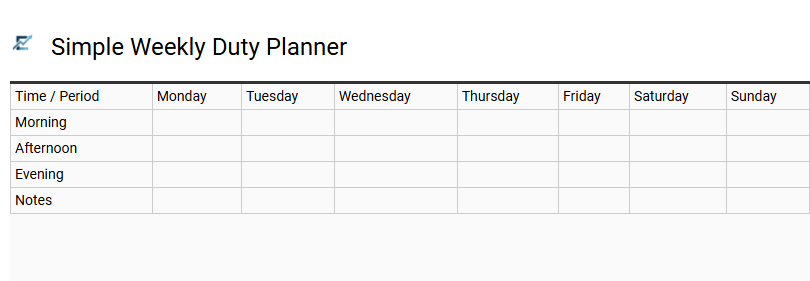 Simple Weekly Duty Planner