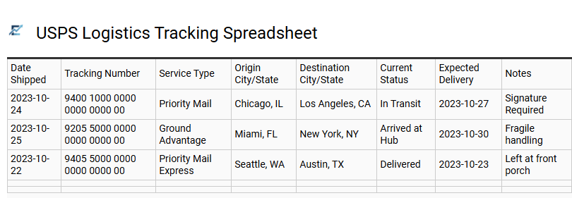 USPS Logistics Tracking Spreadsheet