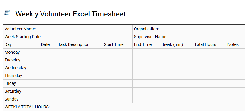 Weekly Volunteer Excel Timesheet