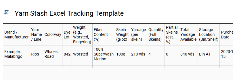 Yarn Stash Excel Tracking Template