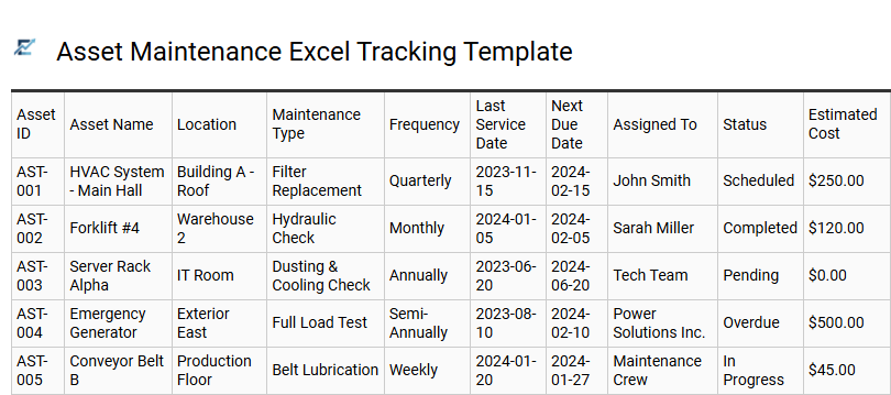 Asset Maintenance Excel Tracking Template