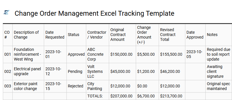 Change Order Management Excel Tracking Template