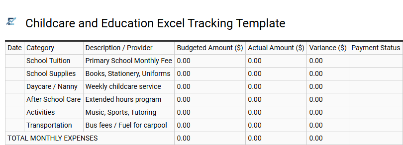 Childcare and Education Excel Tracking Template
