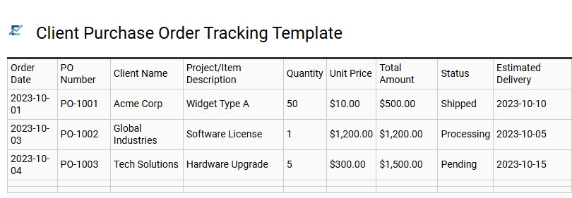 Client Purchase Order Tracking Template