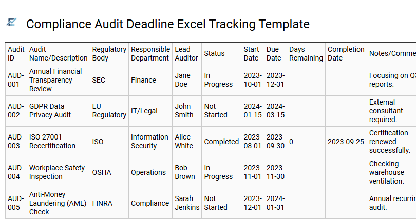 Compliance Audit Deadline Excel Tracking Template