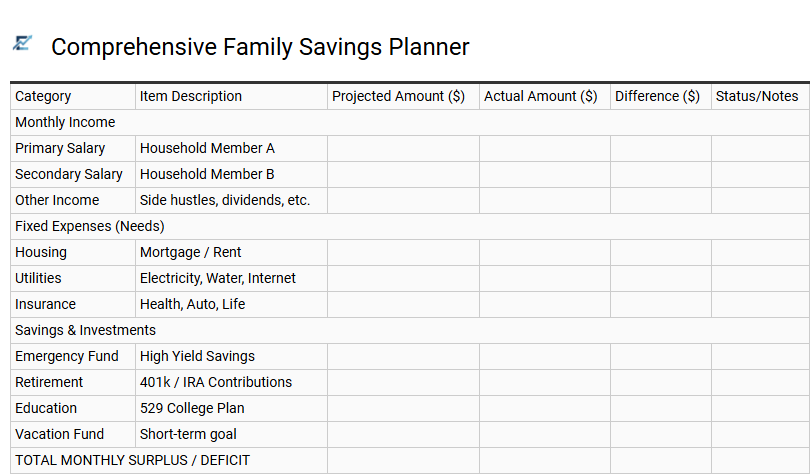 Comprehensive Family Savings Planner