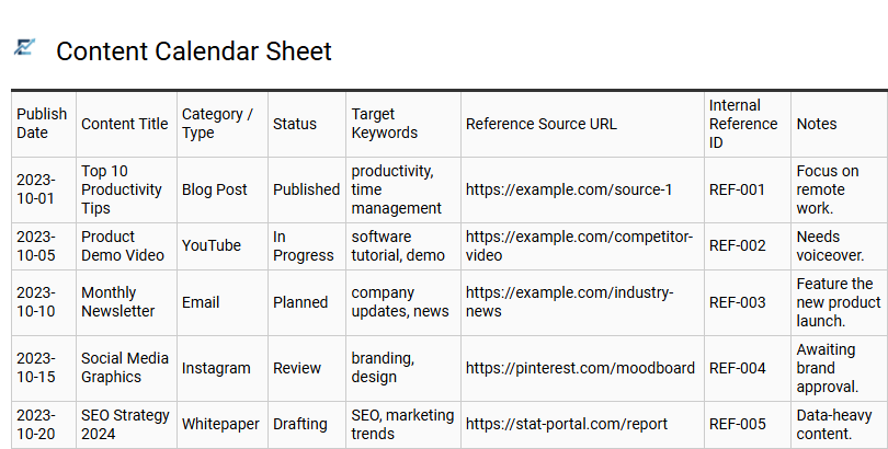 Content Calendar Sheet