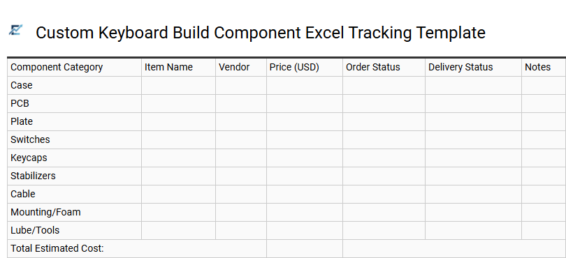 Custom Keyboard Build Component Excel Tracking Template