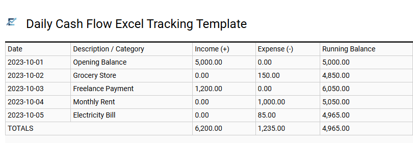 Daily Cash Flow Excel Tracking Template
