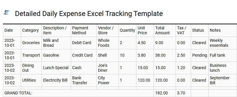 Detailed Daily Expense Excel Tracking Template