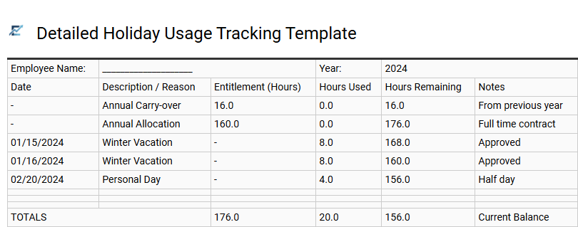 Detailed Holiday Usage Tracking Template