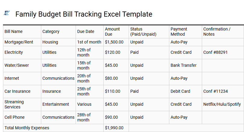 Family Budget Bill Tracking Excel Template