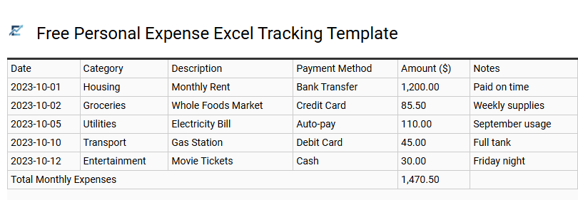 Free Personal Expense Excel Tracking Template