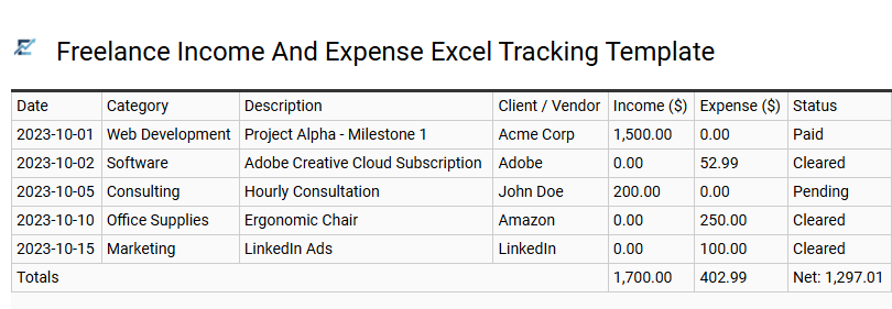 Freelance Income And Expense Excel Tracking Template