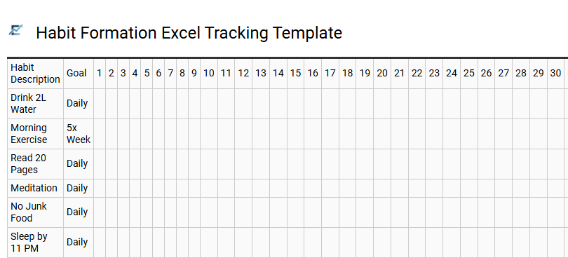 Habit Formation Excel Tracking Template