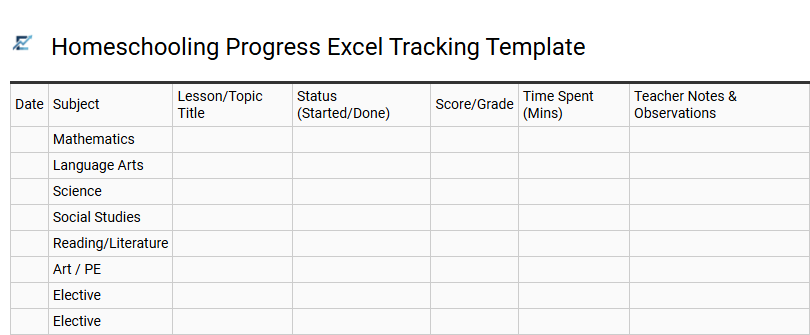 Homeschooling Progress Excel Tracking Template