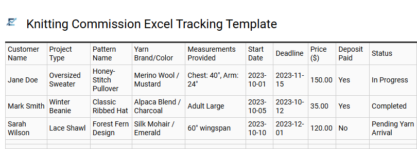 Knitting Commission Excel Tracking Template