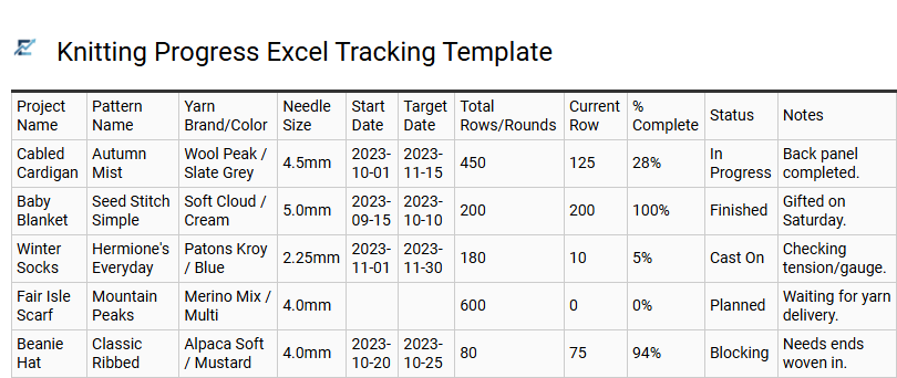 Knitting Progress Excel Tracking Template