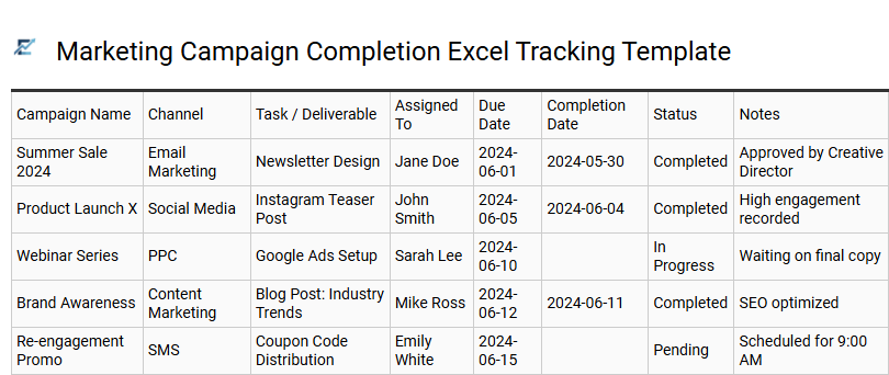 Marketing Campaign Completion Excel Tracking Template