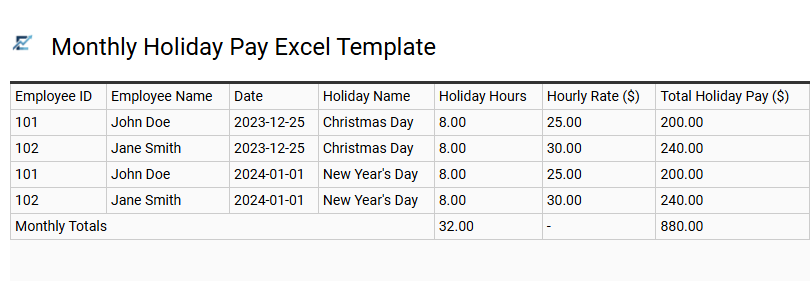 Monthly Holiday Pay Excel Template
