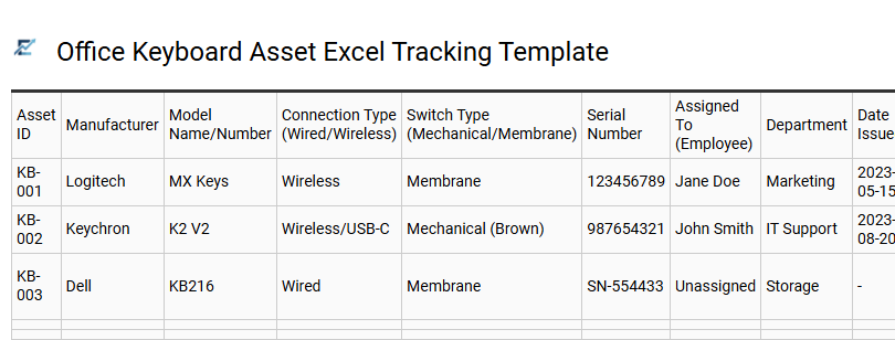 Office Keyboard Asset Excel Tracking Template