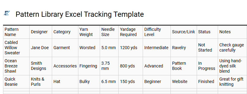 Pattern Library Excel Tracking Template