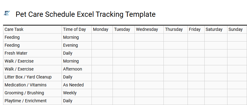Pet Care Schedule Excel Tracking Template