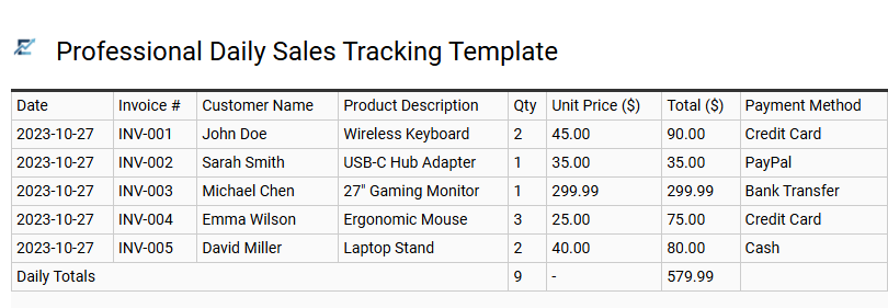 Professional Daily Sales Tracking Template