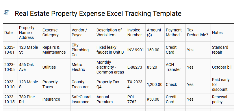 Real Estate Property Expense Excel Tracking Template