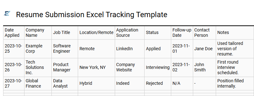 Resume Submission Excel Tracking Template