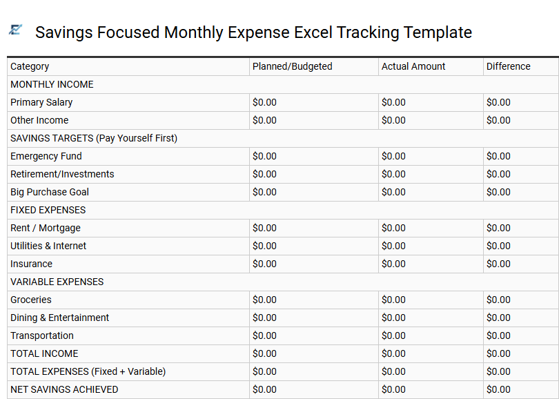 Savings Focused Monthly Expense Excel Tracking Template