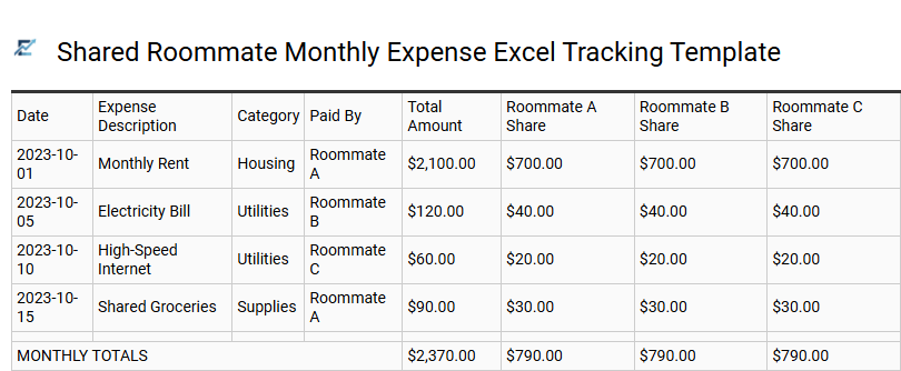 Shared Roommate Monthly Expense Excel Tracking Template
