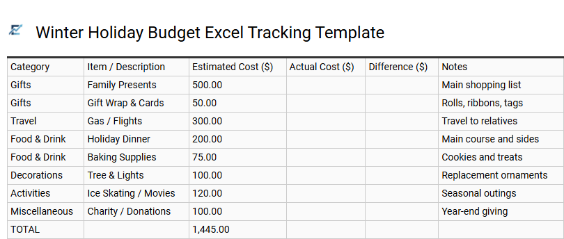 Winter Holiday Budget Excel Tracking Template