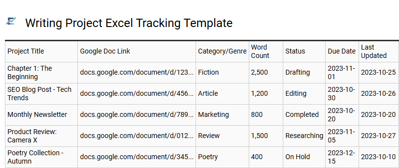 Writing Project Excel Tracking Template