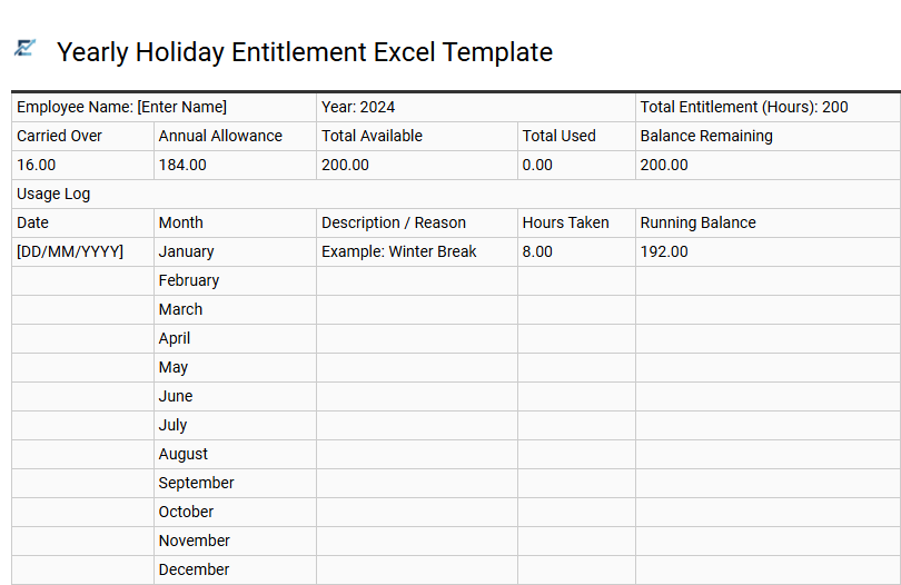 Yearly Holiday Entitlement Excel Template