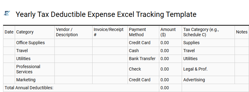 Yearly Tax Deductible Expense Excel Tracking Template