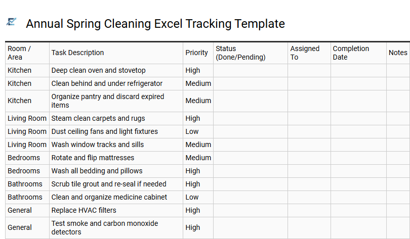 Annual Spring Cleaning Excel Tracking Template