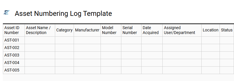 Asset Numbering Log Template
