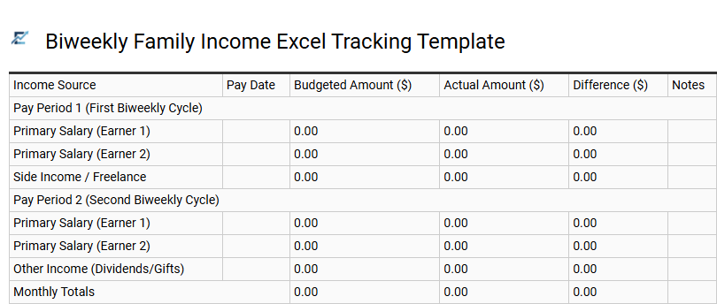 Biweekly Family Income Excel Tracking Template
