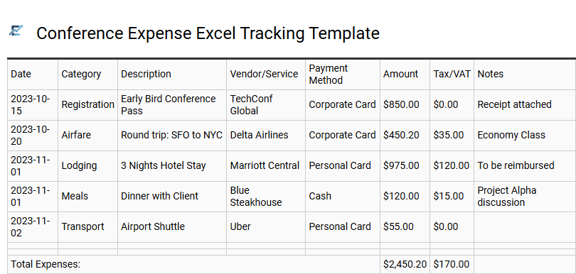 Conference Expense Excel Tracking Template