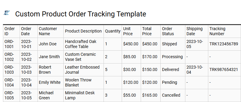 Custom Product Order Tracking Template