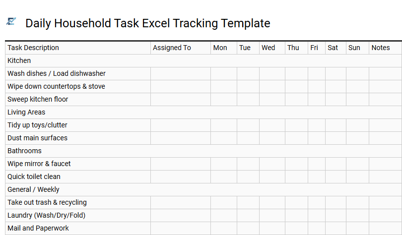 Daily Household Task Excel Tracking Template