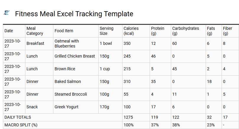 Fitness Meal Excel Tracking Template