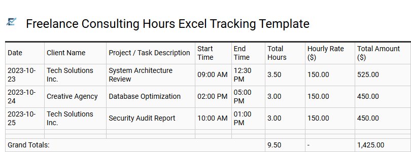 Freelance Consulting Hours Excel Tracking Template