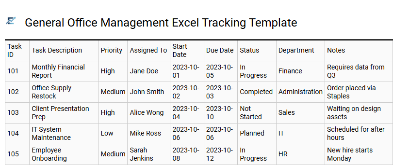 General Office Management Excel Tracking Template