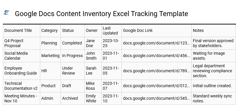Google Docs Content Inventory Excel Tracking Template