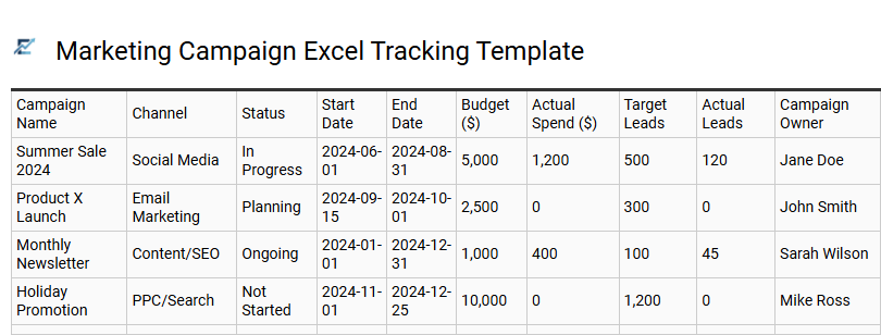 Marketing Campaign Excel Tracking Template