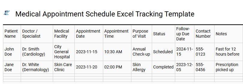 Medical Appointment Schedule Excel Tracking Template