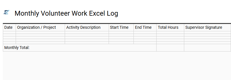 Monthly Volunteer Work Excel Log