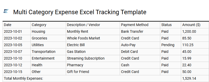 Multi Category Expense Excel Tracking Template
